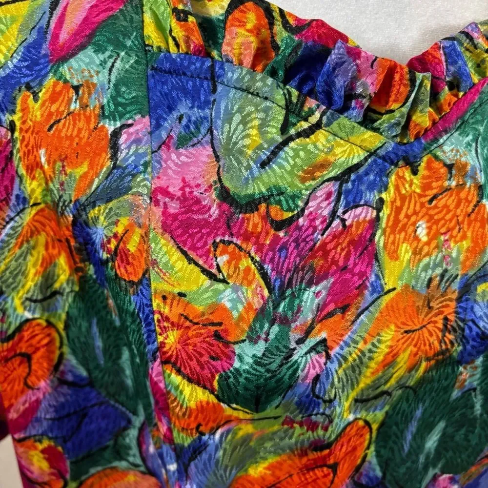Handmade Vintage Floral Print Ruffle Neck Shift Dress Size Large‎_7